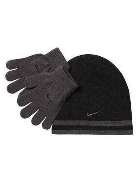 NIKE Hat & Gloves Set 8-20 Kids Swoosh Logo Reversible Black Gray Beanie Winter
